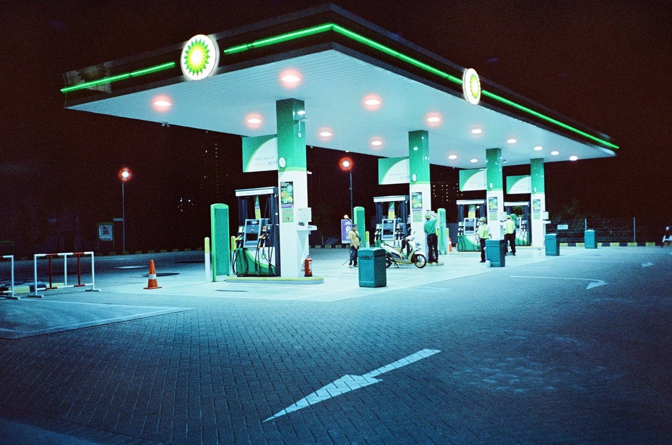 Cinestill 800T sample photo: BP Gas Station at Night with Neon Green Canopy
