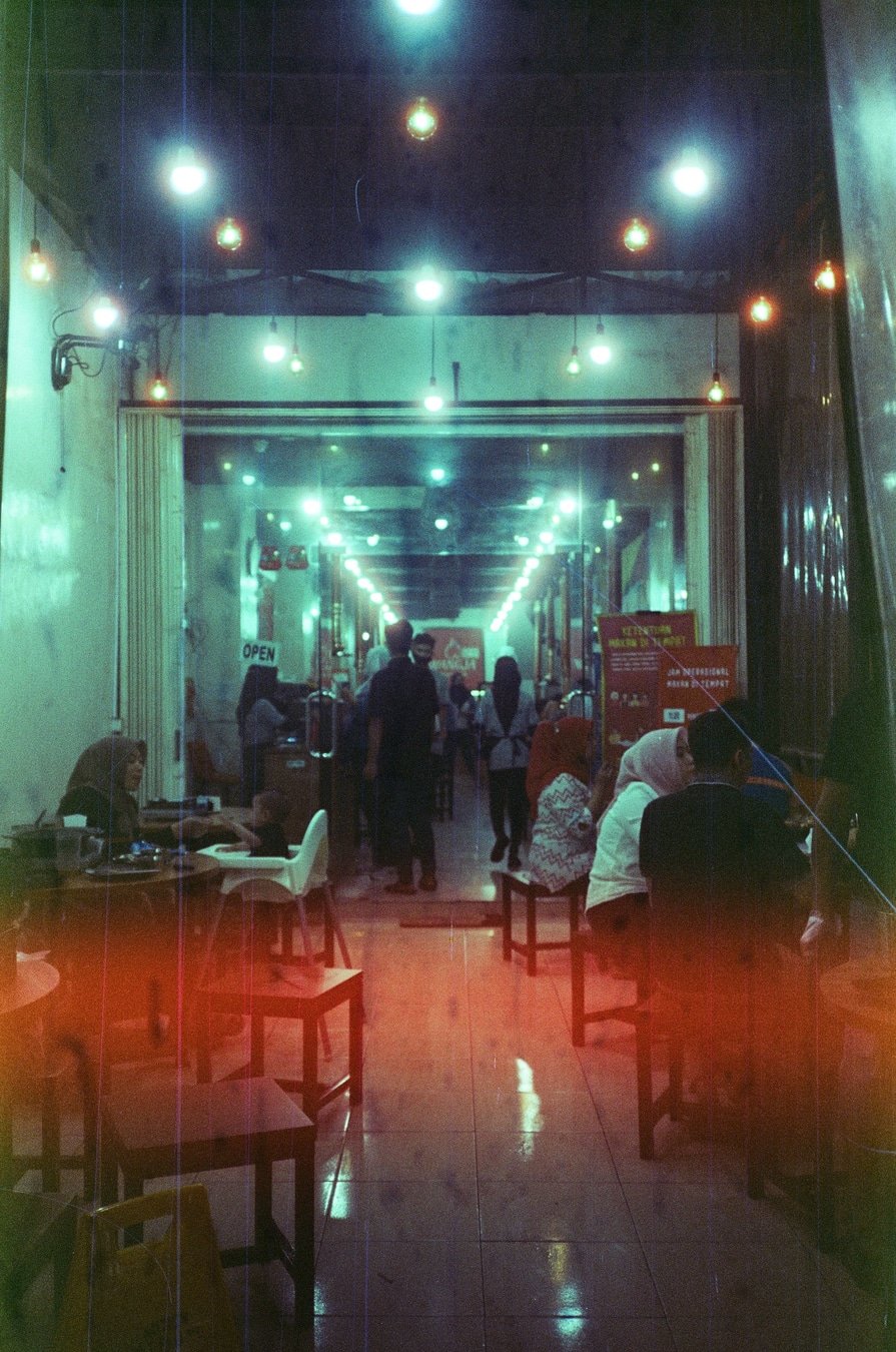 Cira 800 sample photo: Cafe Interior at Night: Film Photography with Olympus XA-1