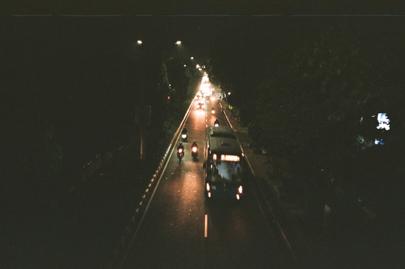 Jakarta Night Traffic from Overpass. Shot with Olympus Mju I, Kodal Gold 200 film