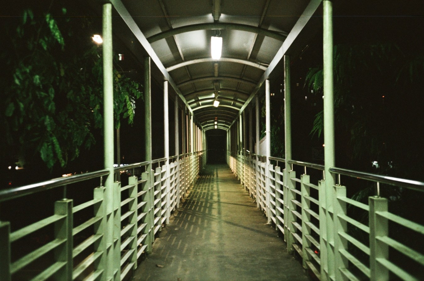 Pedestrian Bridge at Night. Shot with Olympus Mju I, Kodal Gold 200 film