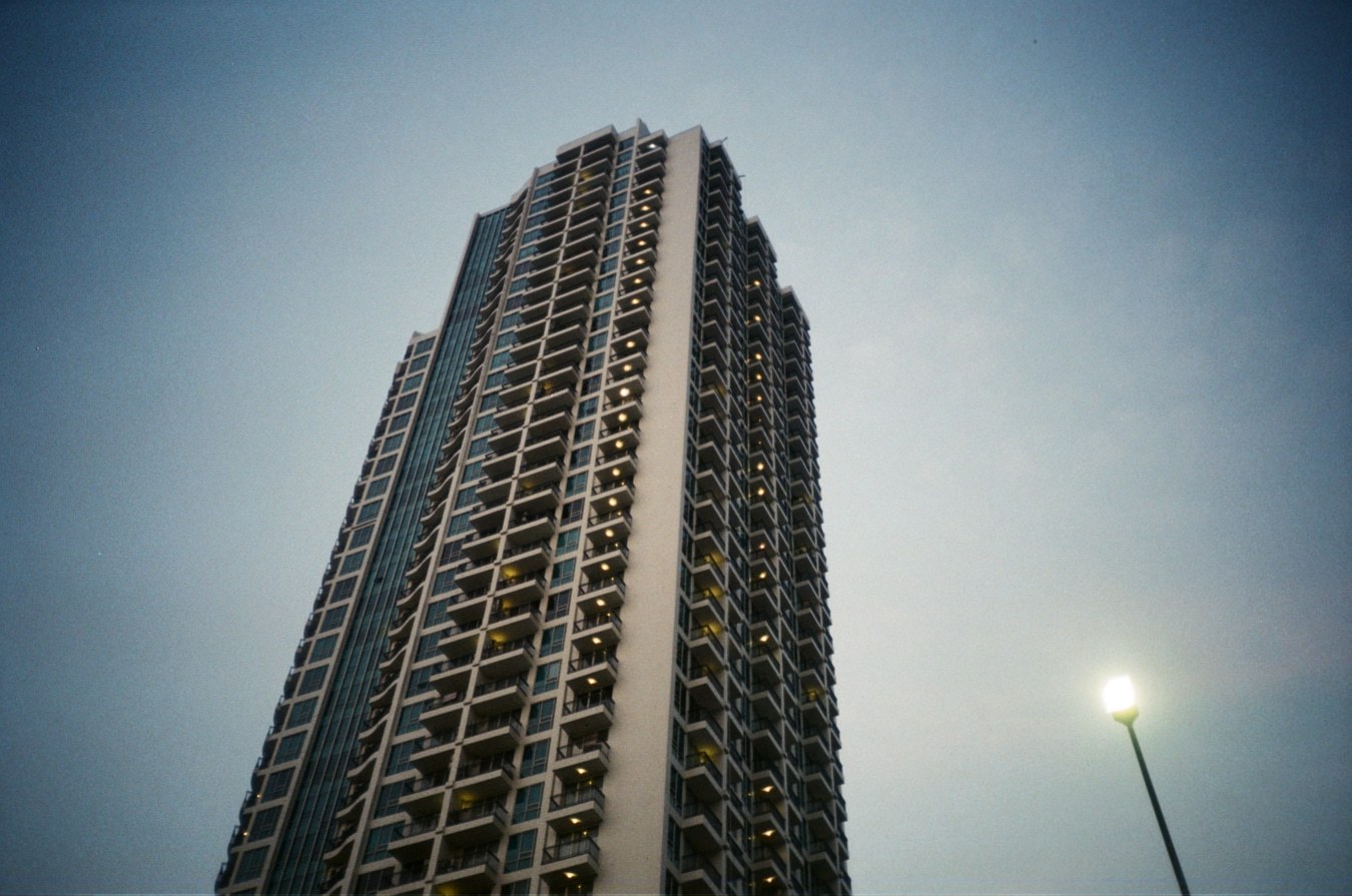 Tower Rising Into Blue Hour Sky. Shot with Olympus XA-1